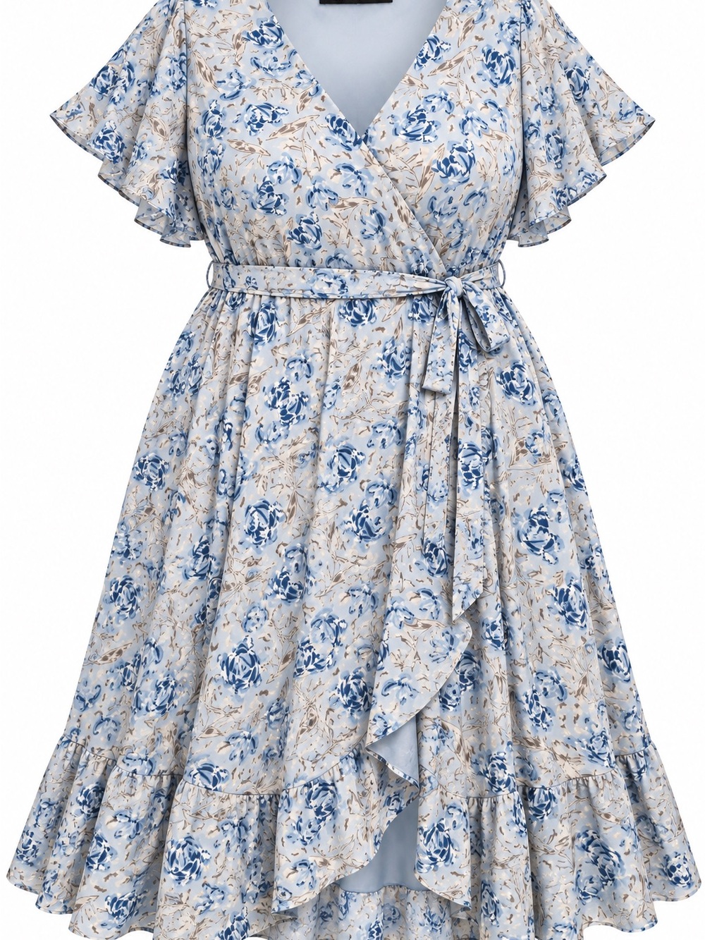 BloomChic Blue and Beige Floral Wrap Dress
